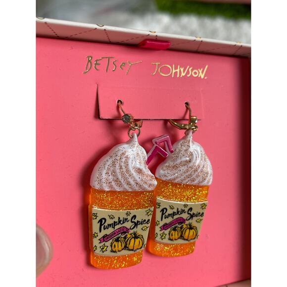 Betsey Johnson Orange White Pumpkin Spice Latte Drop Earrings NEW in Box - Picture 6 of 8